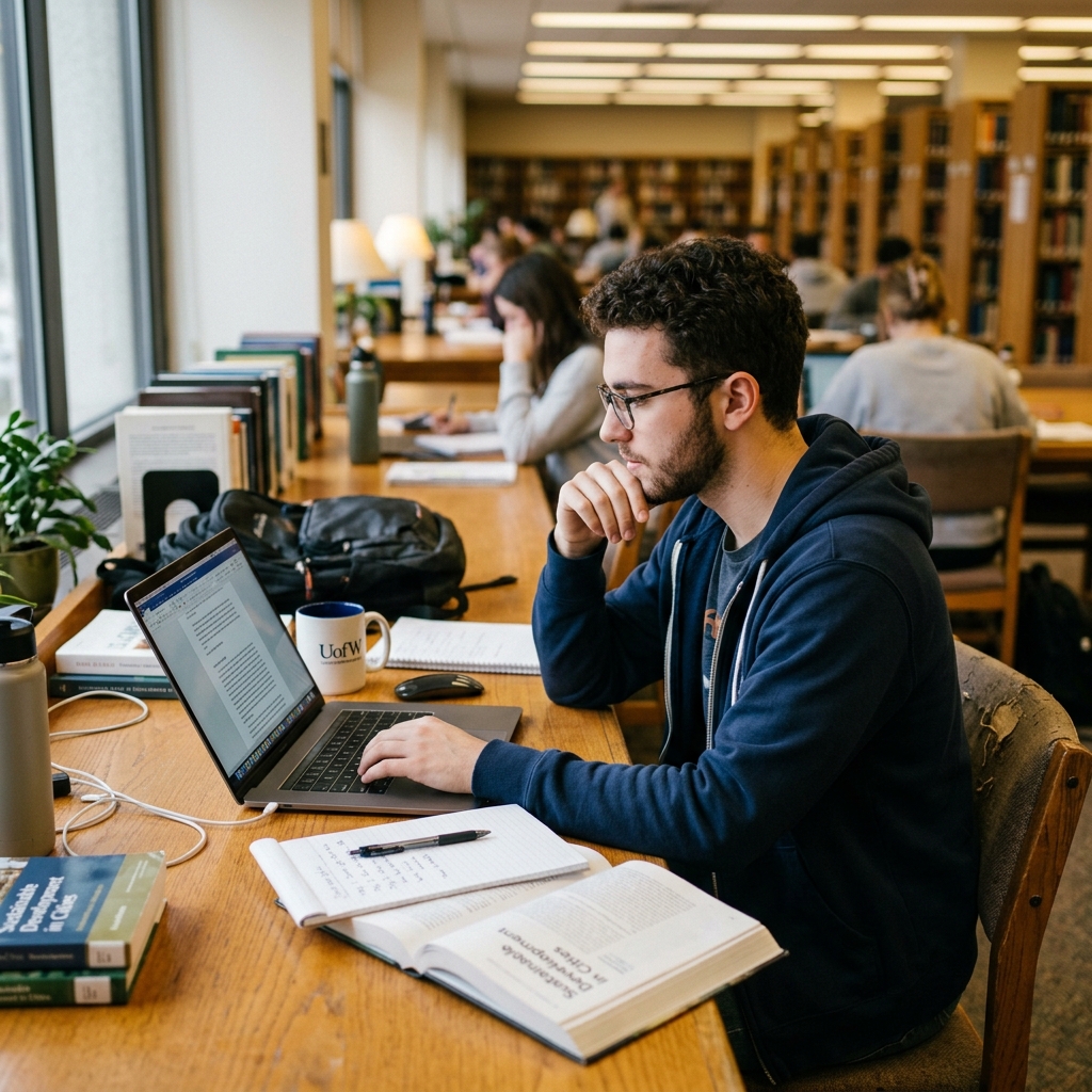 Student researching a project on a laptop